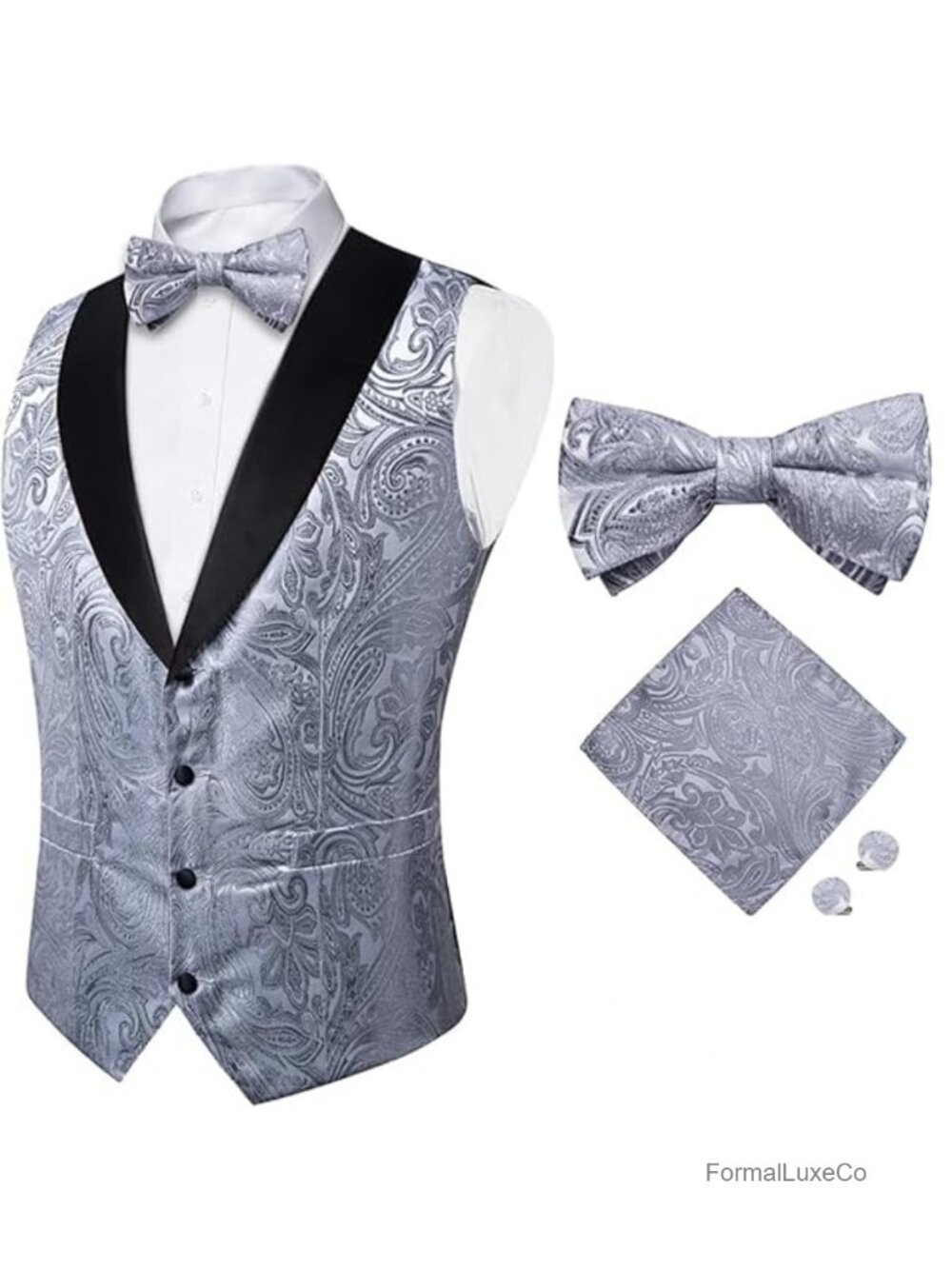 Mens Silk Paisley Vest Bowtie Set Shawl Collar Formal Waistcoat